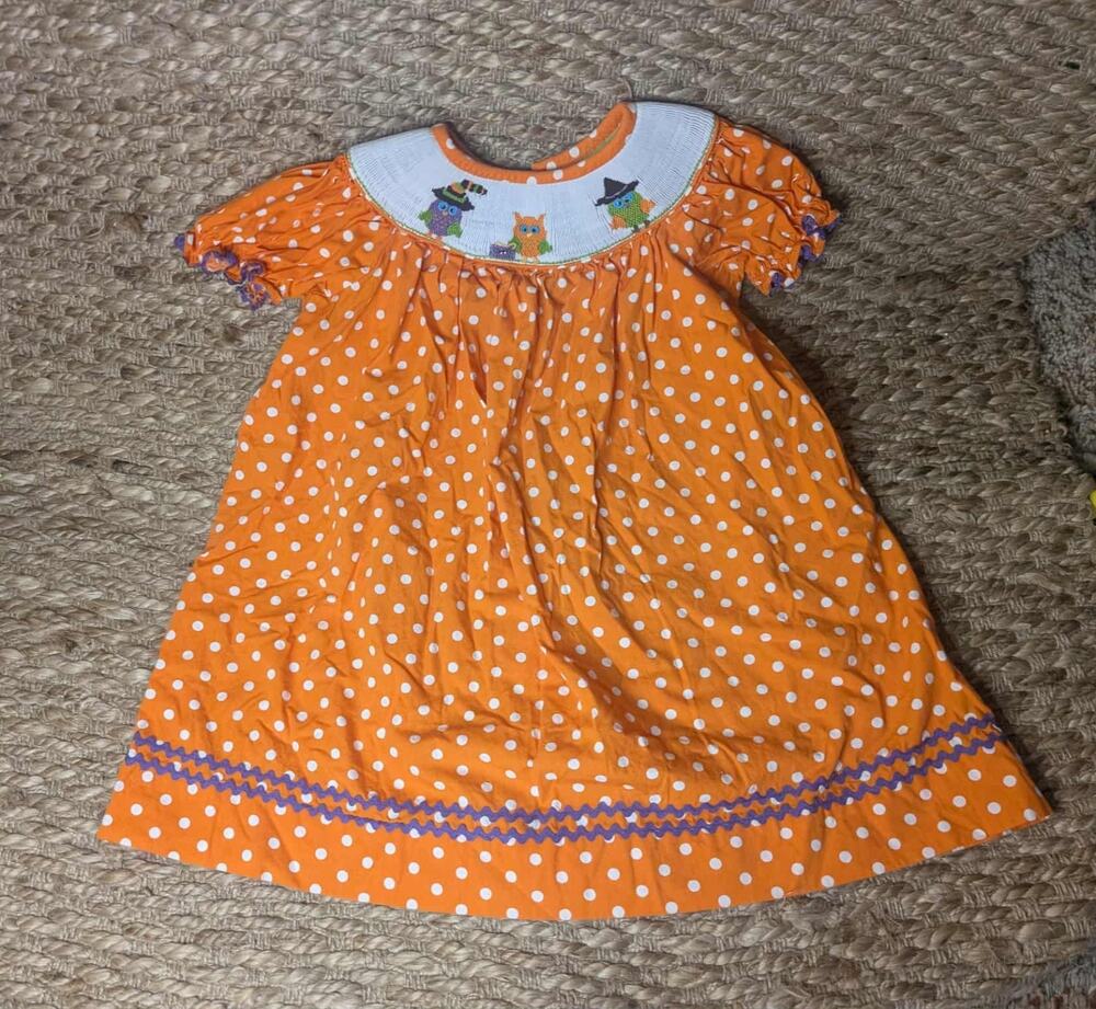 Stelly Belly Halloween Smocked White Polka Dot Orange Dress Size 2T Owls